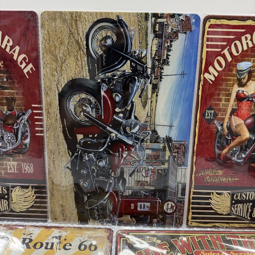 5pc Vintage Motorcycle Metal Tin Sign Bundle – Route 66 & Garage Wall Decor Set - Picture 3 of 6